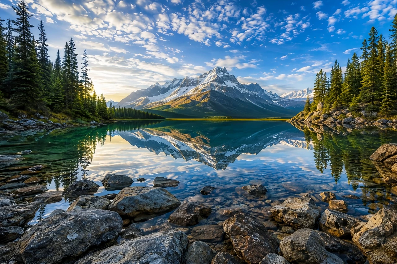 Imagem de demonstração de um lago na montanha mostrando a rotação antes do ajuste