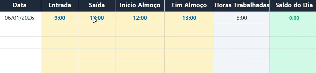 Cálculo automático do Banco de Horas na planilha