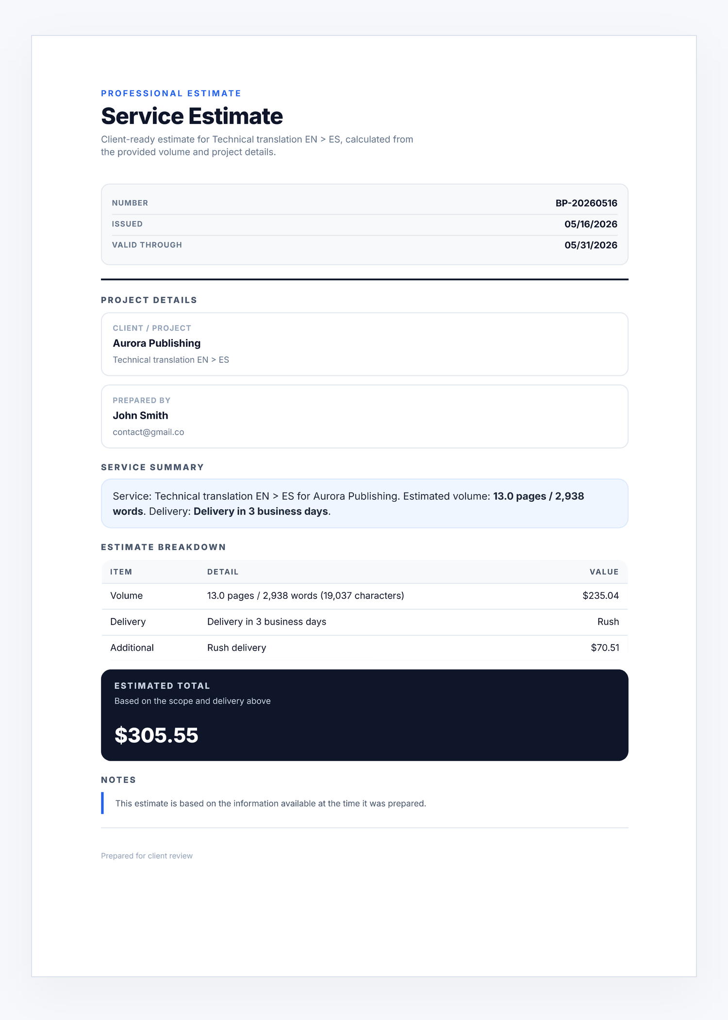 Full-page Budget Pro PDF estimate export with service summary, breakdown, total and notes